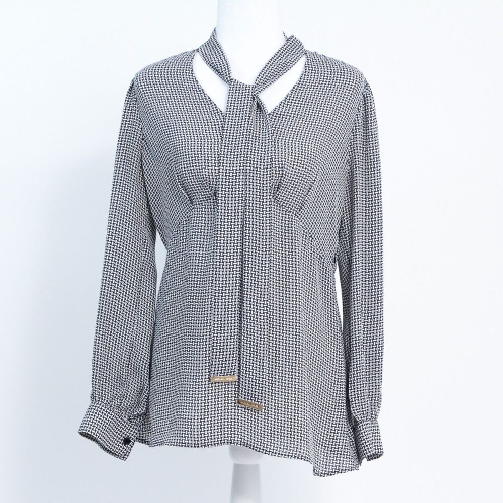 Michael Kors Women's Black & White Geometric Neck Tie Long-Sleeve Blouse Size 2